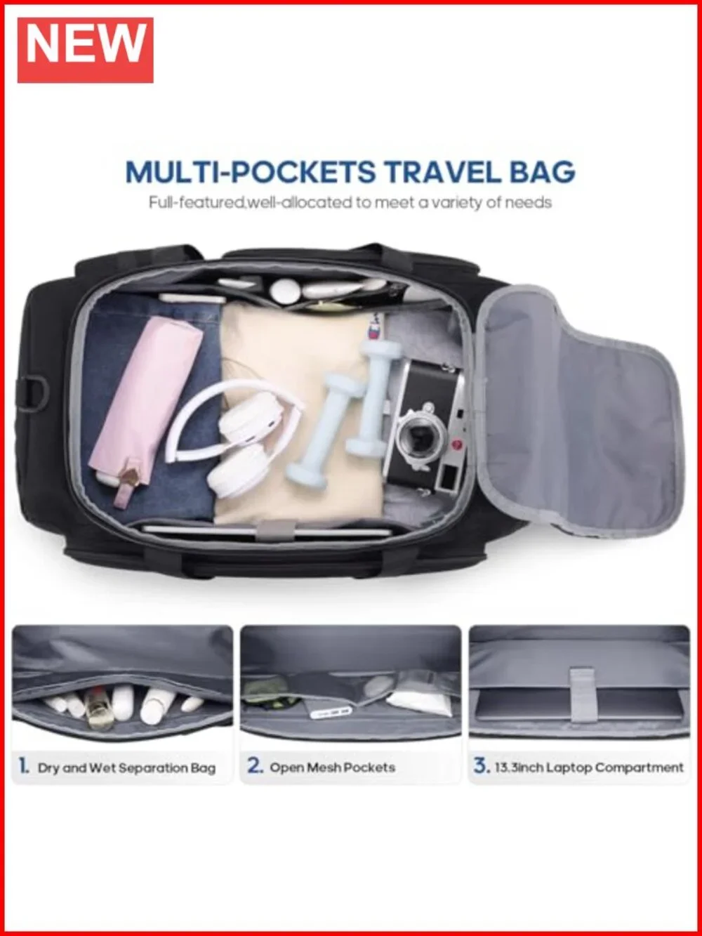 3-in-1 Duffel with Shoe & Laptop Compartment, Anti-Theft Travel Backpack
